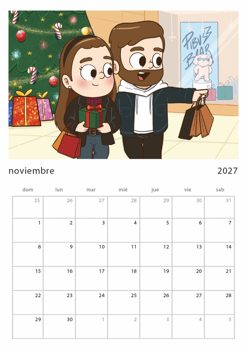 2027 Printed Wall Calendar – Cute Couple Comic (US & CA)