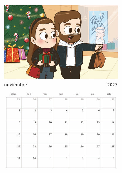 2027 Printed Wall Calendar – Cute Couple Comic (US & CA)